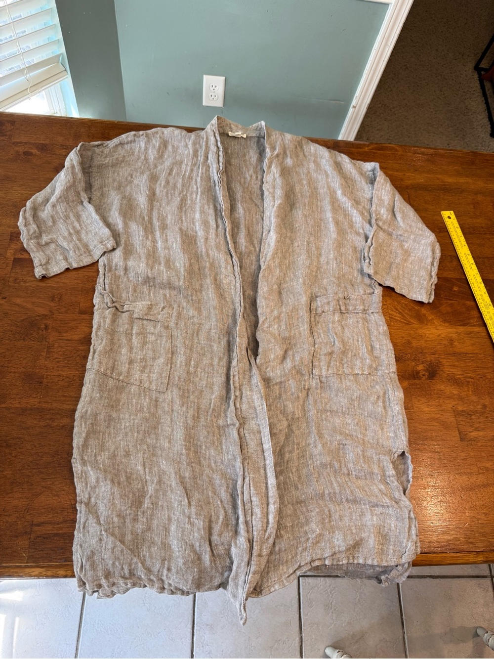 Eileen Fisher Organic Linen Gauze Long Open Front Duster Jacket Taupe medium